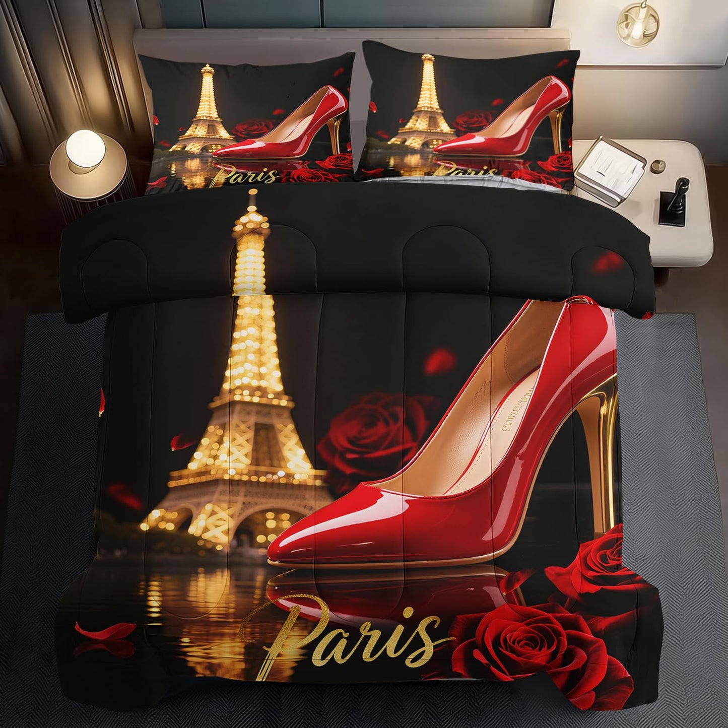 llyxsesty Paris Comforter Set King Women Eiffel Tower Bedding Set for Girls Red High Heels Comforter King Women Quilt Romantic Bedroom Decor Paris Bedding Rose Bed Decor