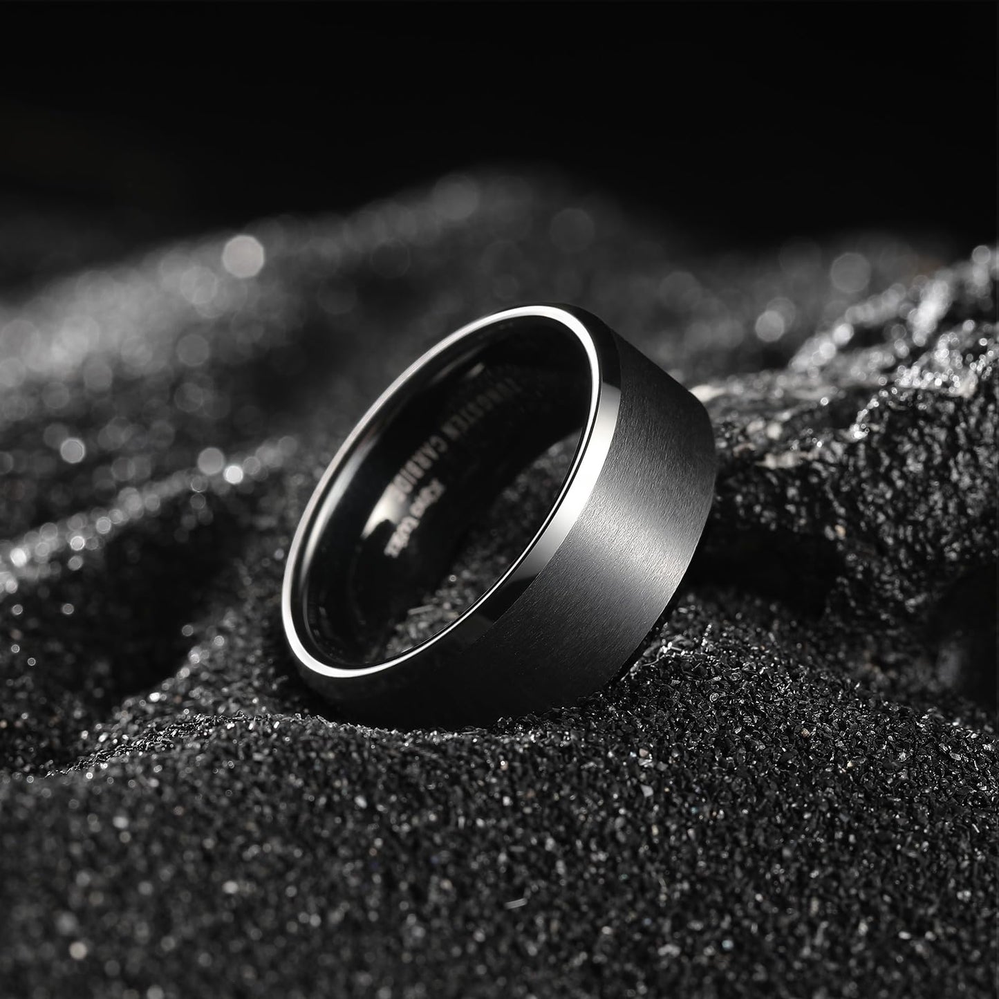 King Will 8mm Men's Black Wedding Ring - Brushed Matte Surface, Beveled Polished Edge, Comfort Fit Size 15