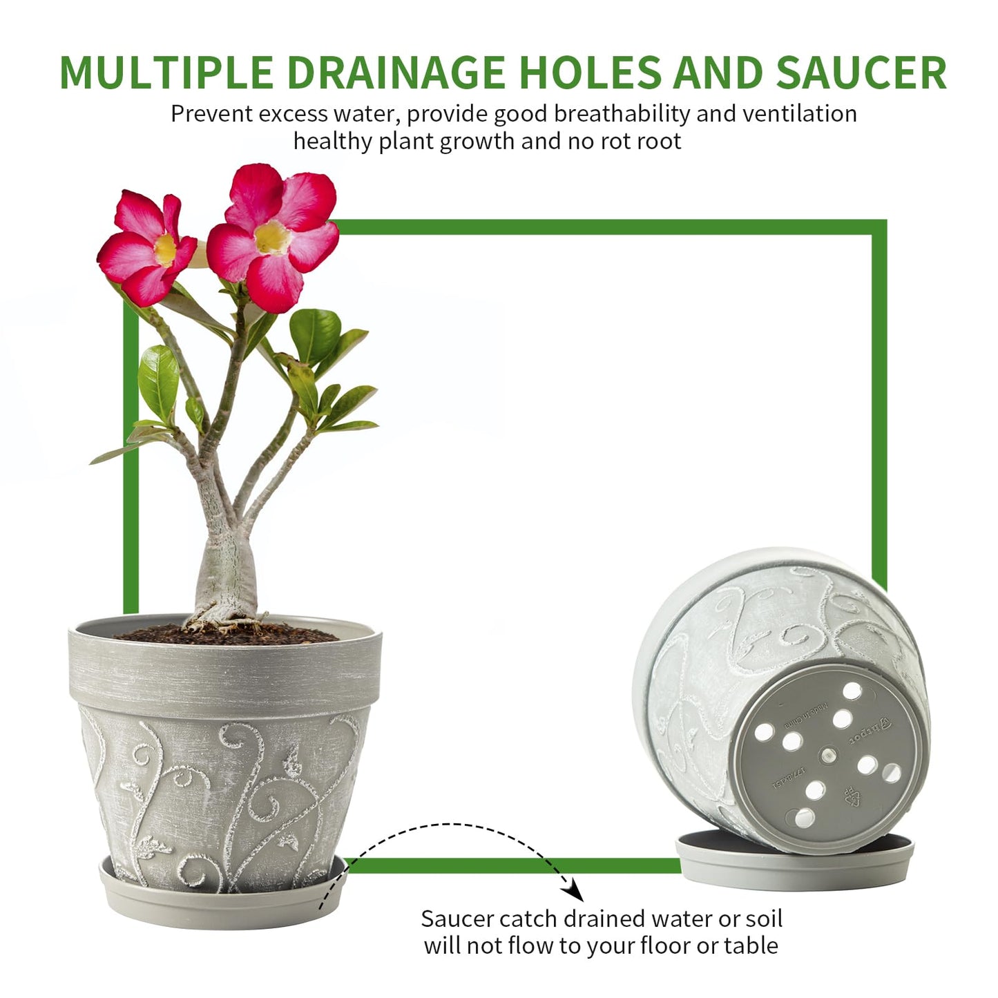 Melphoe Plant Pots Indoor with Drainage & Saucer, 2Pack 7 inch Flower Pots Outdoor Planters for Indoor Plants Garden Home Decor Cactus Succulent, Rigid Plastic (Imitation-Terracotta) Vine-Embossed