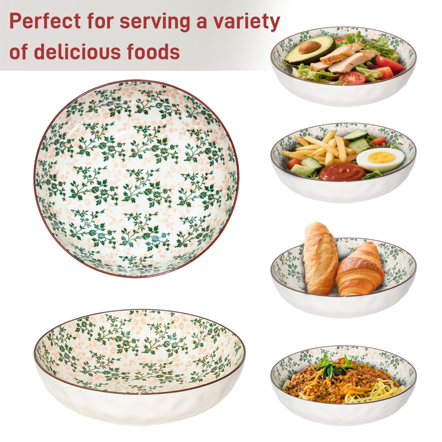Ronanemon Large Serving Bowls, 78 Oz Extra Large Salad Bowl, Green Floral Pattern Design Decorative Bowls for Salad, Fruit, Pasta and Dinner, Serving Dishes for Party, Dishwasher & Microwave Safe