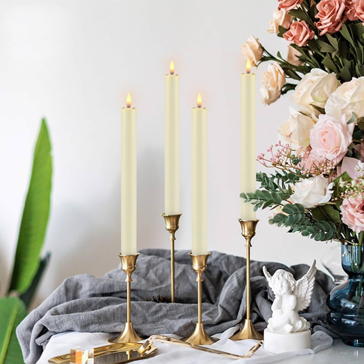 YOROXRG 24 Pack LED Flameless Taper Candles with Timer, Dripless Fake Candlesticks with 3D Flickering Flame, 9.6 Inches White Window Candle for Fireplace Christmas Halloween（Ivory）