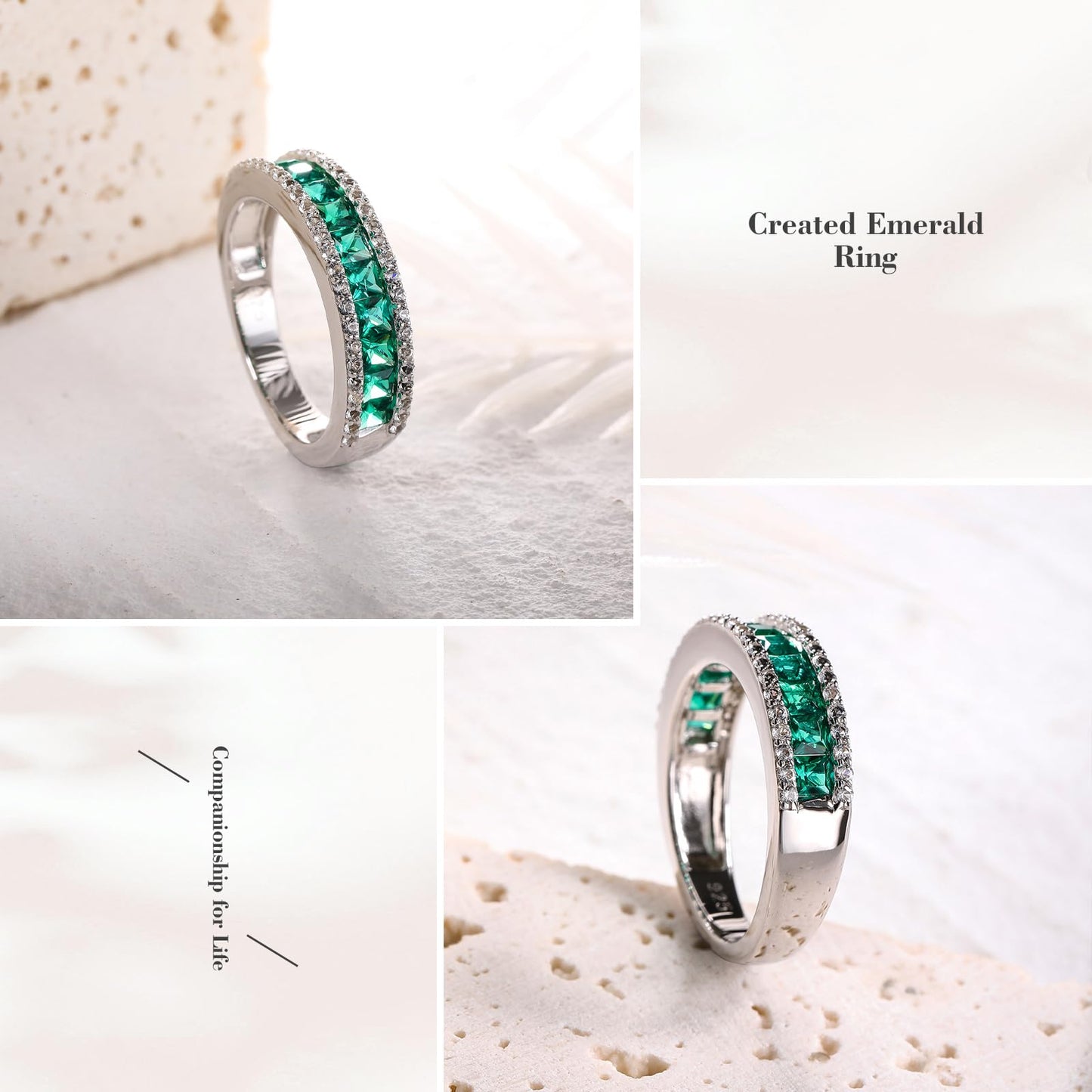 RANDES Emerald Eternity Ring 925 Sterling Silver Created Green Stone Emerald Engagement Wedding Band Rings for Women Men Size 8.5