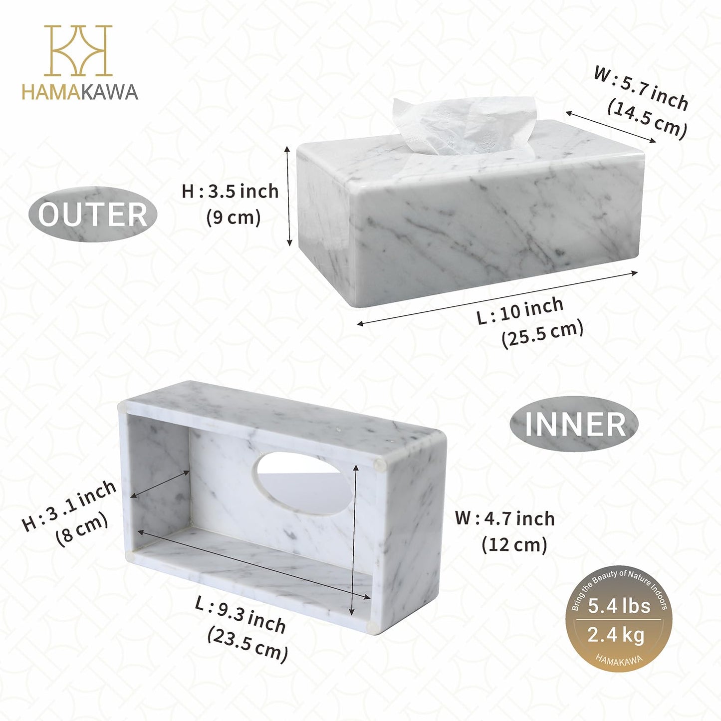 HAMAKAWA Natural Marble Tissue Box Cover, Carrara White Tissue Organizer 10 x 5.7 x 3.5 inch, Heavy Stone Decorative Box, Rectangle Tissue Box Holder for Home Decor, Kitchen, Bathroom, Bedroom