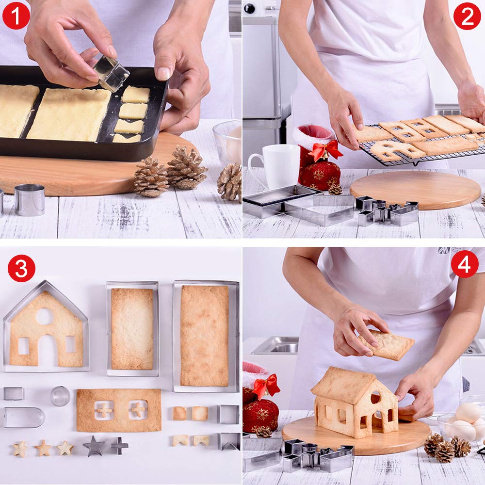 Gingerbread House Cookie Cutters, Christmas House Cookie Cutter Gingerbread Cookie Cutter Kit Set for Adult, 3D Stainless Steel Chocolate Cake Biscuit Pastry Baking Mold DIY Tool for Holiday Gift