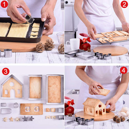 Gingerbread House Cookie Cutters, Christmas House Cookie Cutter Gingerbread Cookie Cutter Kit Set for Adult, 3D Stainless Steel Chocolate Cake Biscuit Pastry Baking Mold DIY Tool for Holiday Gift