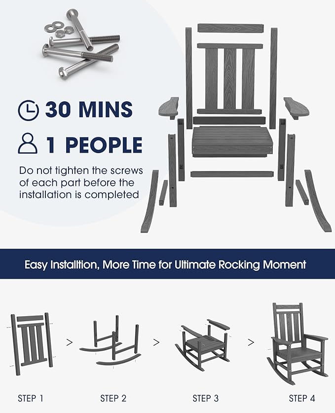 KINGYES Oversized Outdoor Rocking Chair Set of 8, All-Weather Patio Rocking Chairs for Porch, HDPE Outdoor Patio Rockers with High Back & Wide Seat for Garden, Lawn, Gray