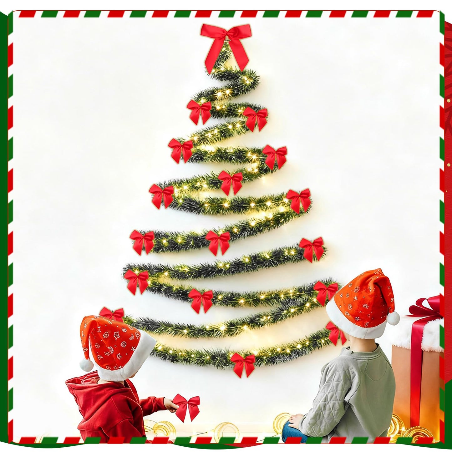 Christmas Tree Wall Decoration Artificial DIY Wall Mounted Hanging Christmas Tree with LED Light Garland Red Satin Bows Space Saving Xmas Decoration for Home Door Indoor Small Space Holiday Supplies