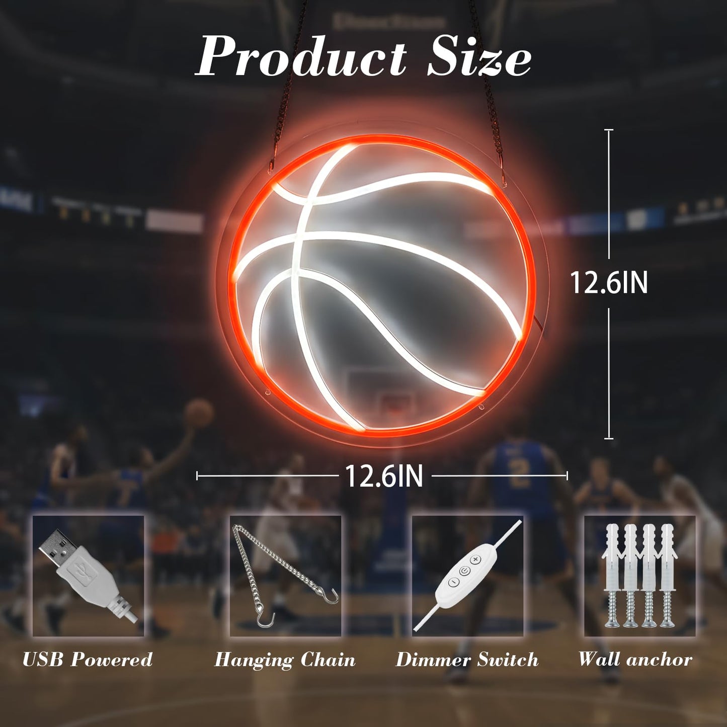 Basketball Neon Sign for Wall Decor, Dimmable LED Light for Bedroom Sports Room Decor, Basketball Gifts for Boys 8-12, 12.6 x 12.6 Inches