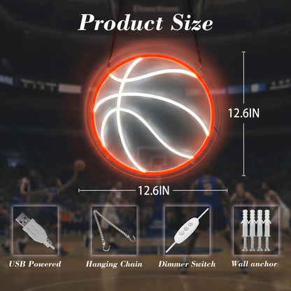Basketball Neon Sign for Wall Decor, Dimmable LED Light for Bedroom Sports Room Decor, Basketball Gifts for Boys 8-12, 12.6 x 12.6 Inches