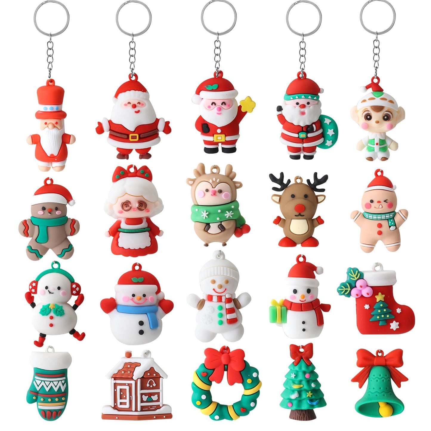 Becfupo 20 Pcs Christmas Rubber Keychains Bulk, 3D Santa Claus Snowman Xmas Tree Reindeer Hanging Ornaments With Keyrings For Christmas Tree Decoration, Xmas Party Craft Supplies
