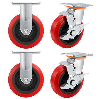 Caster Wheels,Industrial Heavy Duty Caster Set of 4,Polyurethane Surface TPE Casters,Load 5000Lbs Swivel Brake Plate Casters,for Industrial Equipment (2Side Brake & 2 Rigid, 6 inch)