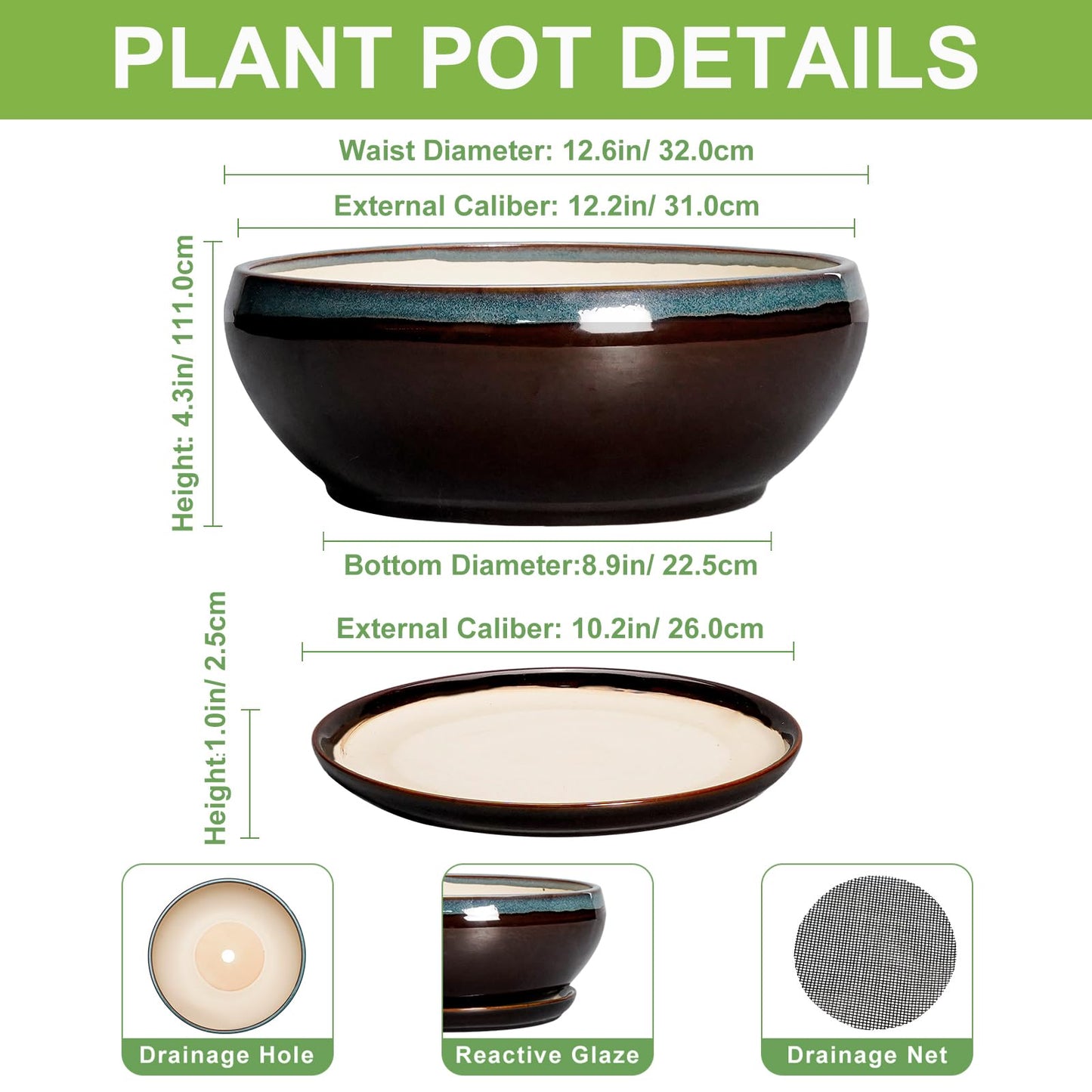 SQOWL Bonsai Planter 12 Inch - Ceramic Succulent Pots Large, Round Shallow Plant Pots Indoor with Drainage Hole and Saucer, Bowl Planter Outdoor for Flower, Room Decor, Housewarming Gifts, Blue-Brown