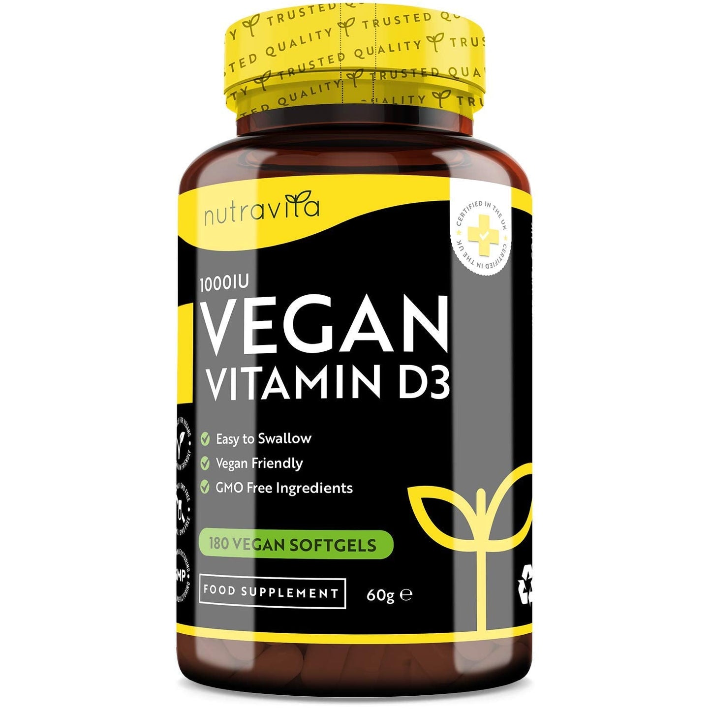 Vegan Vitamin D 1000iu (25ug) - Plant-Based Vitamin D3 Softgel Capsules Derived from Lichen - Maintenance of Healthy Immune System, Muscles, Bones & Teeth - 180 Softgels - Made in The UK by Nutravita
