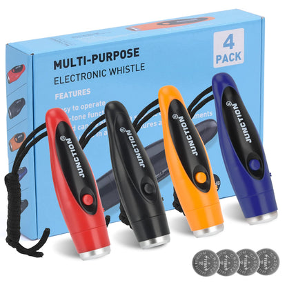 Xflyee [4 Pack Box] Electronic Whistles, Loudest Electric Whistles 3 Tones High Volume Whistle Hand Held for Coaches Referees Training Whistle Bulk, Outdoor Hiking Emergency Rescue Whistle Gifts