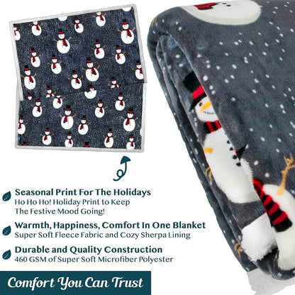 PAVILIA Premium Christmas Sherpa Throw Blanket | Snowman Decoration, Fleece, Plush, Warm, Cozy Reversible Microfiber Holiday Blanket 50 x 60