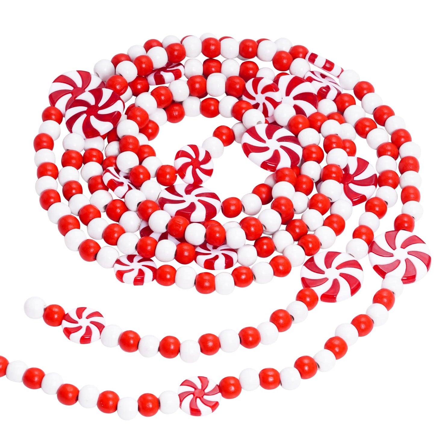 obmwang 10 Feet Christmas Wooden Bead Candy Garland Red and White Peppermint Candy Bead Garland for Xmas Party Supplies Holiday Decor