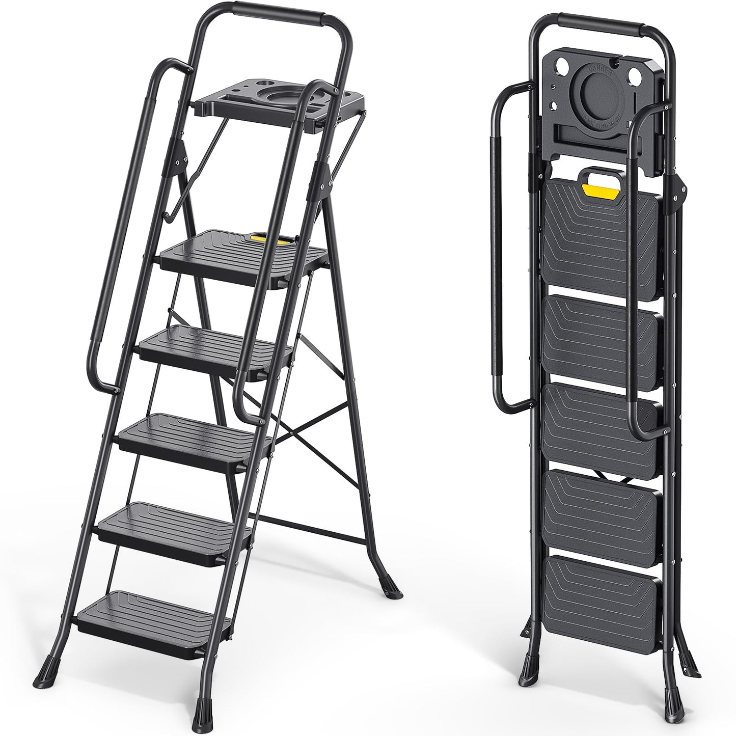 KINGRACK 5 Step Ladder, Sturdy Steel Step Stool with Anti-Slip Wide Pedals, Handrail, Safe-Lock Design, Pass 800lbs Load Testing, Folding Portable Ladder for Multi-Purpose, Home, Kitchen, Black