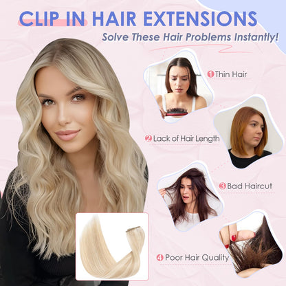 Elailite Clip in Hair Extension Real Human Hair Remy Natural Hair - 8 Pieces (Thin Weft) Full Head Straight - #18/613 Ash Blonde Mix Bleach Blonde - 10 Inch (50 g)