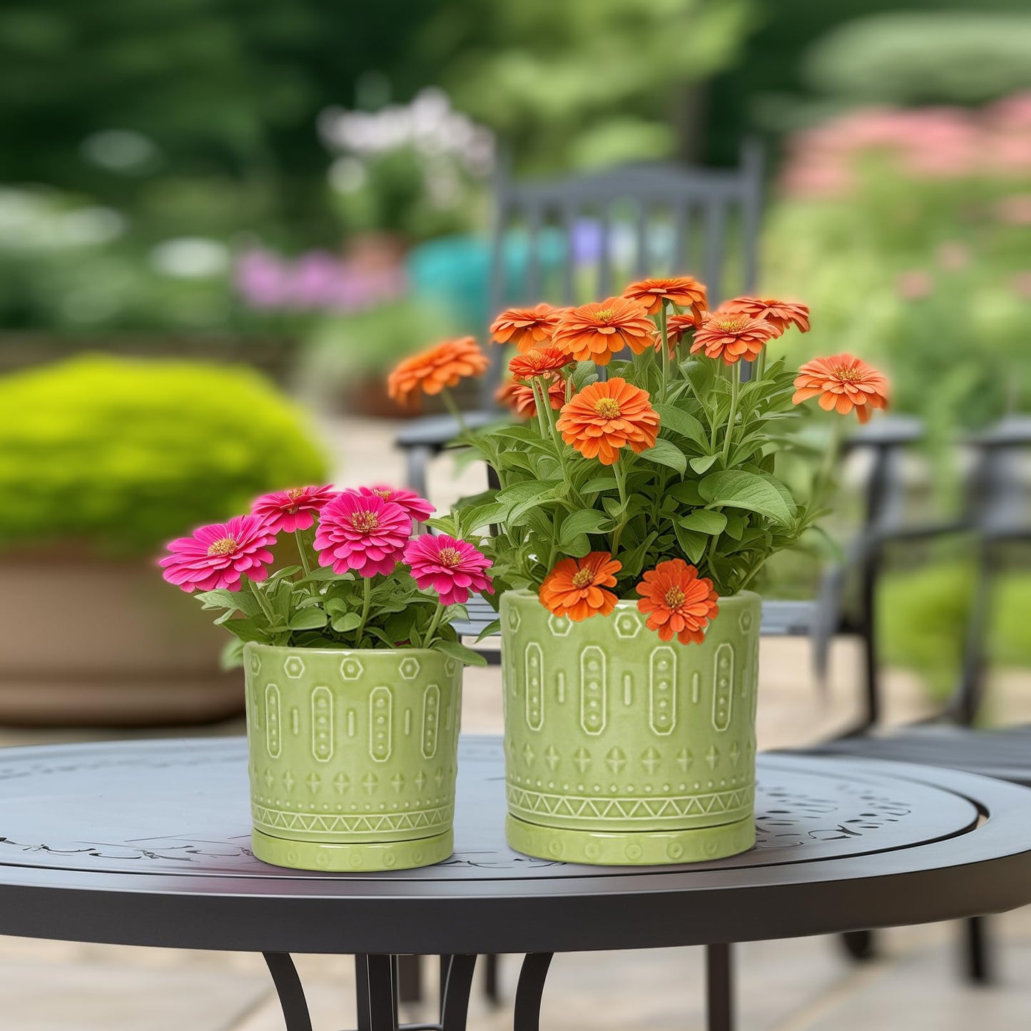 Eightpot Ceramic Pot for Plants - 6 Inch Indoor Planter with Drainage Hole and Saucer, Round Decorative Flower Pots Outdoor, Boho Succulent Planter, Garden Home Decor, Gifts for Plant Lover, Green