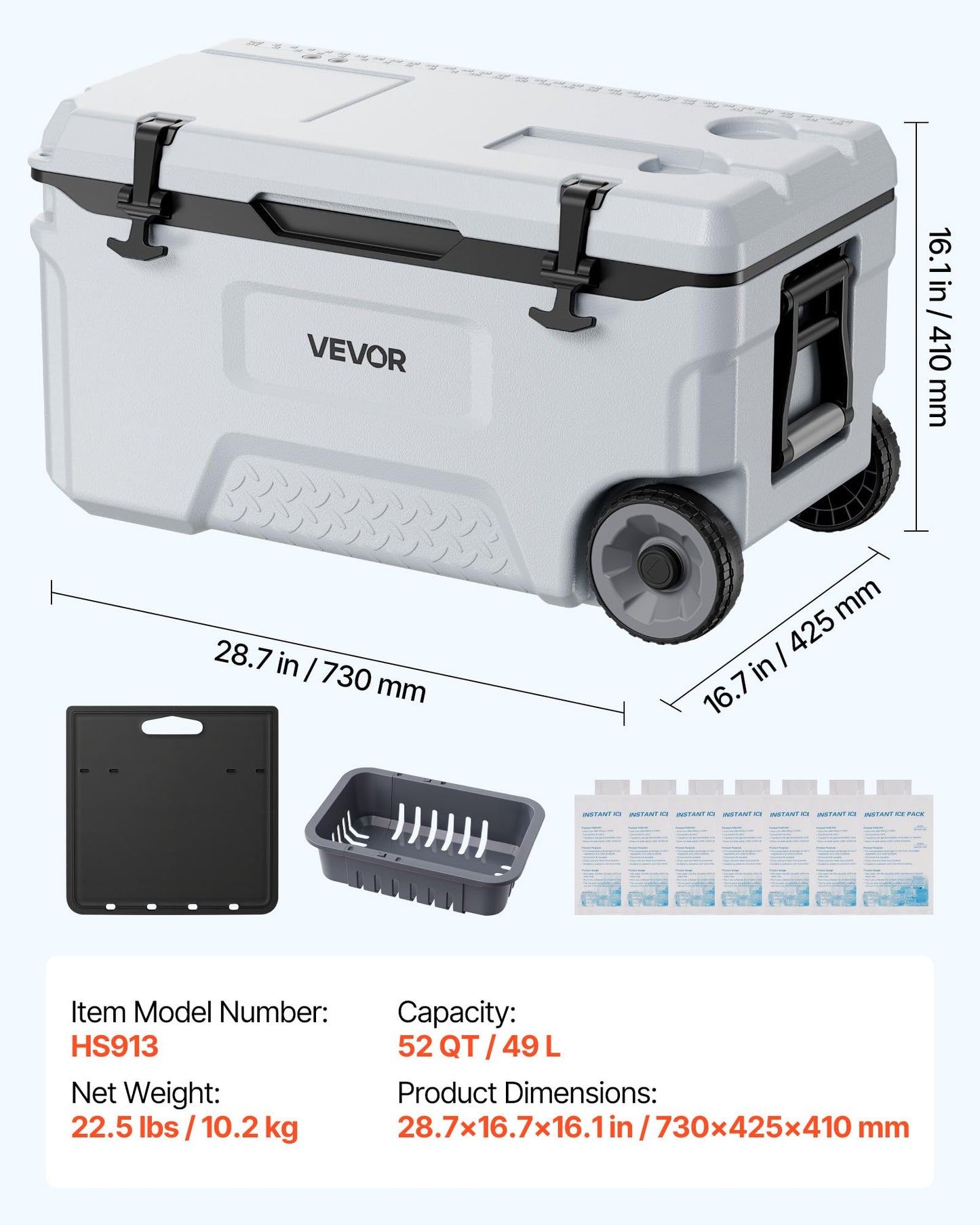 VEVOR Hard Cooler, 52QT Portable Rolling Cooler with Wheels, Leak-Resistant Coolbox Keeps Contents Cool for 48 Hours, Ice Retention Insulated Chests, Ultra-Light for Outdoor Picnics, Grill, Camping