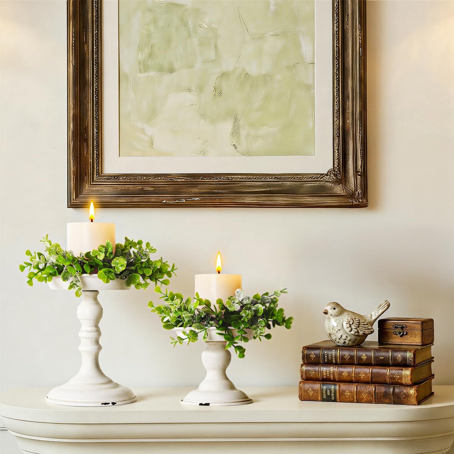 Rustic Iron Pillar Candle Holder: White Farmhouse Candle Holder with Greenery Wreaths Set of 2, Elegant Large Candle sticksholder Decor for Wedding, Coffee Table Centerpieces, Living Room, Home Decor