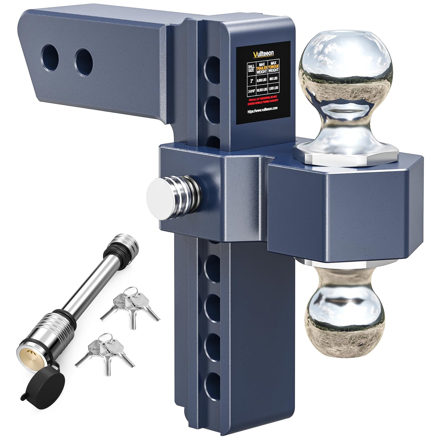 Vullteeon Adjustable Trailer Hitch, Drop Hitch for 2.5 Inch Receiver, 8 inch Aluminum Truck Hitch, 2 and 2-5/16 inch Balls, 18,500 LBLBS GTW, Two Anti-Theft Pins Locks