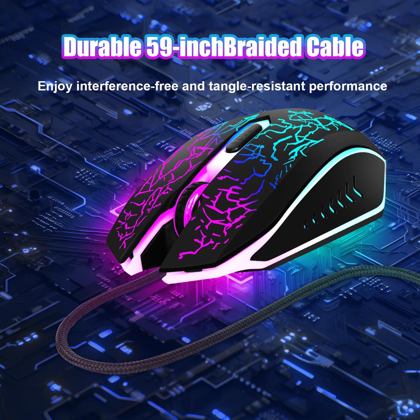 Wireless Gaming Mouse, Rechargeable Wireless Computer Mouse, 7-Color LED Light, Ergonomic Mouse with 6 Silent Click Buttons, 3 Adjustable 2400 DPI Wireless Mouse for Laptop,PC,Mac, Black