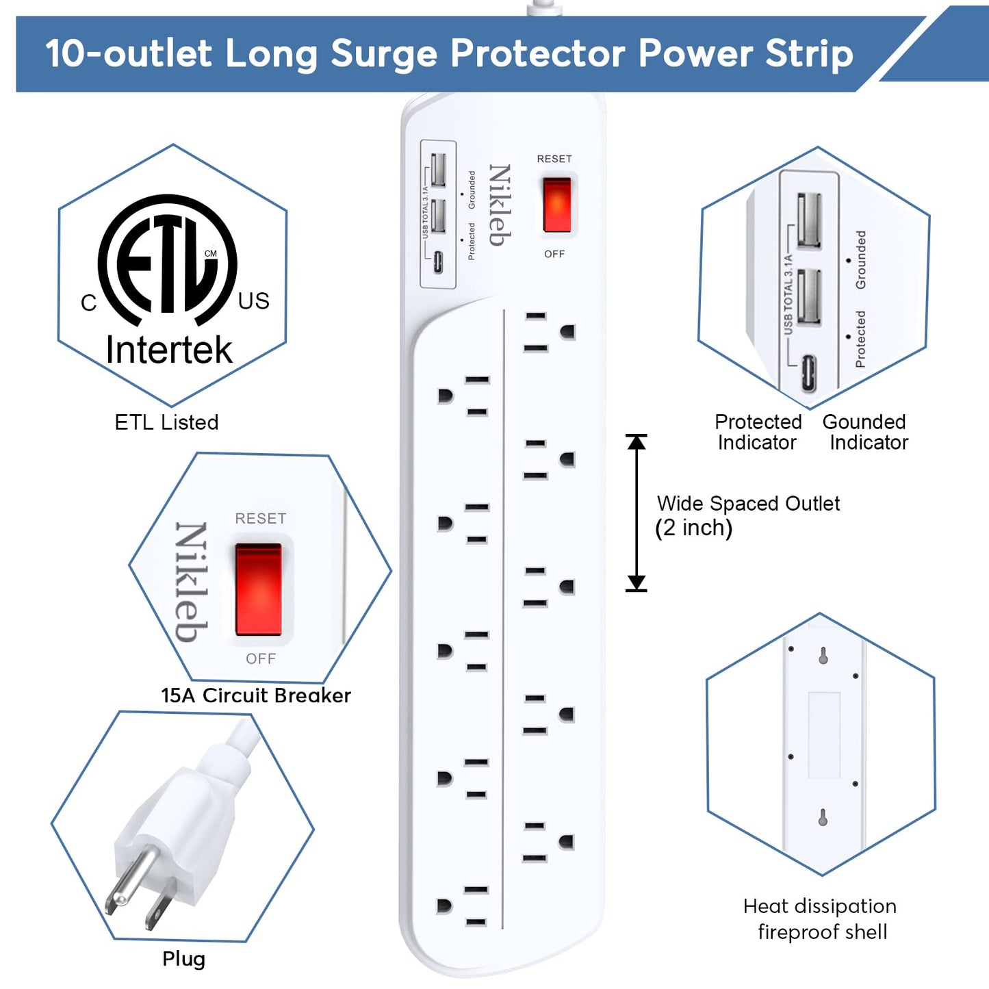 Power Strip 23 in 1, 20 Outlets Surge Protector Wall Mount with 2 USB+1 USB C Ports, Multi Plug Extension Cord 6ft Heavy Duty, Accessories for Gaming, Studio, Home, Office, Desk Organizers