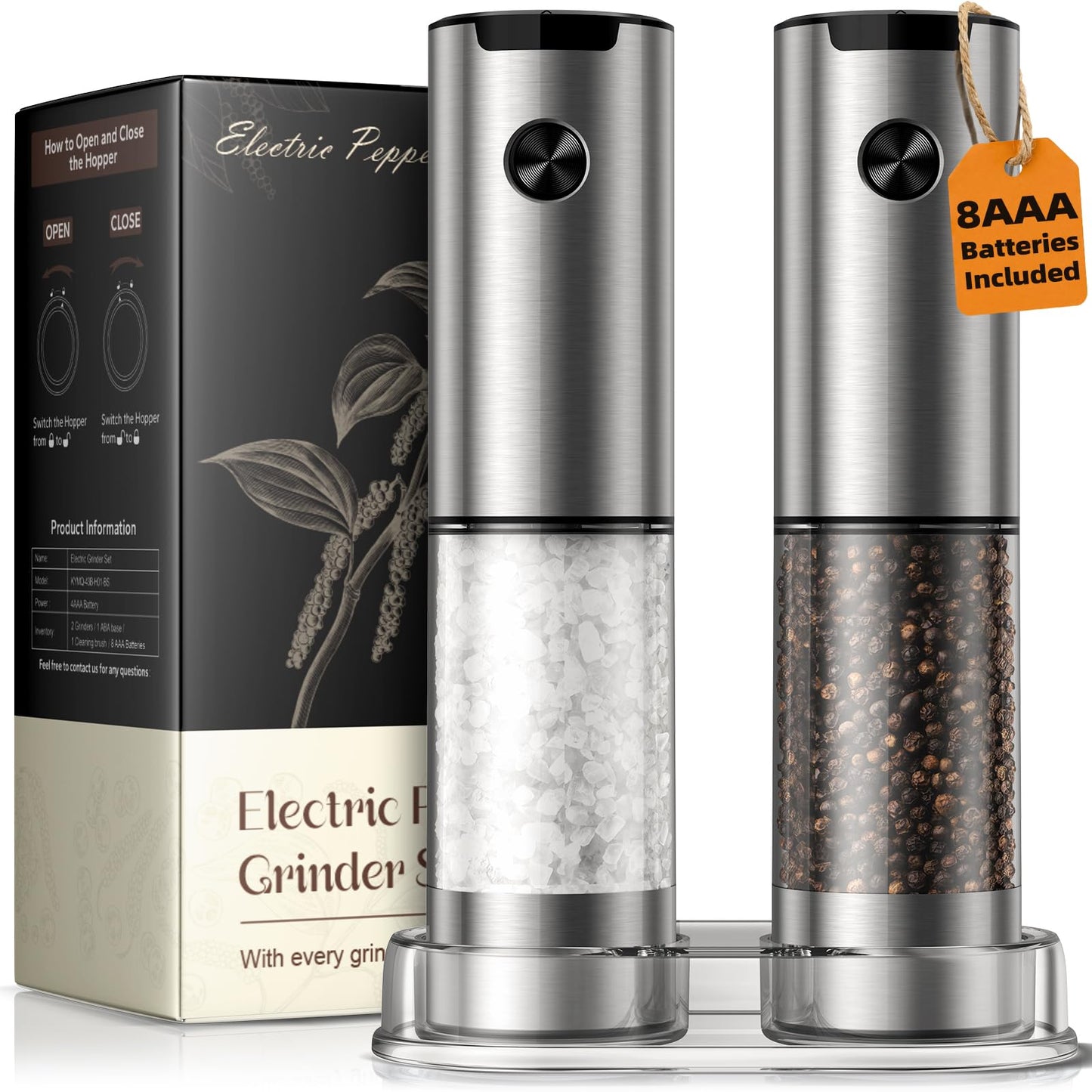 Electric Salt and Pepper Grinder Set, Battery Automatic Salt and Pepper Shaker with Adjustable Coarseness, Large Capacity Pepper Mill with LED Kitchen Appliances(Battery-Stainless Steel)