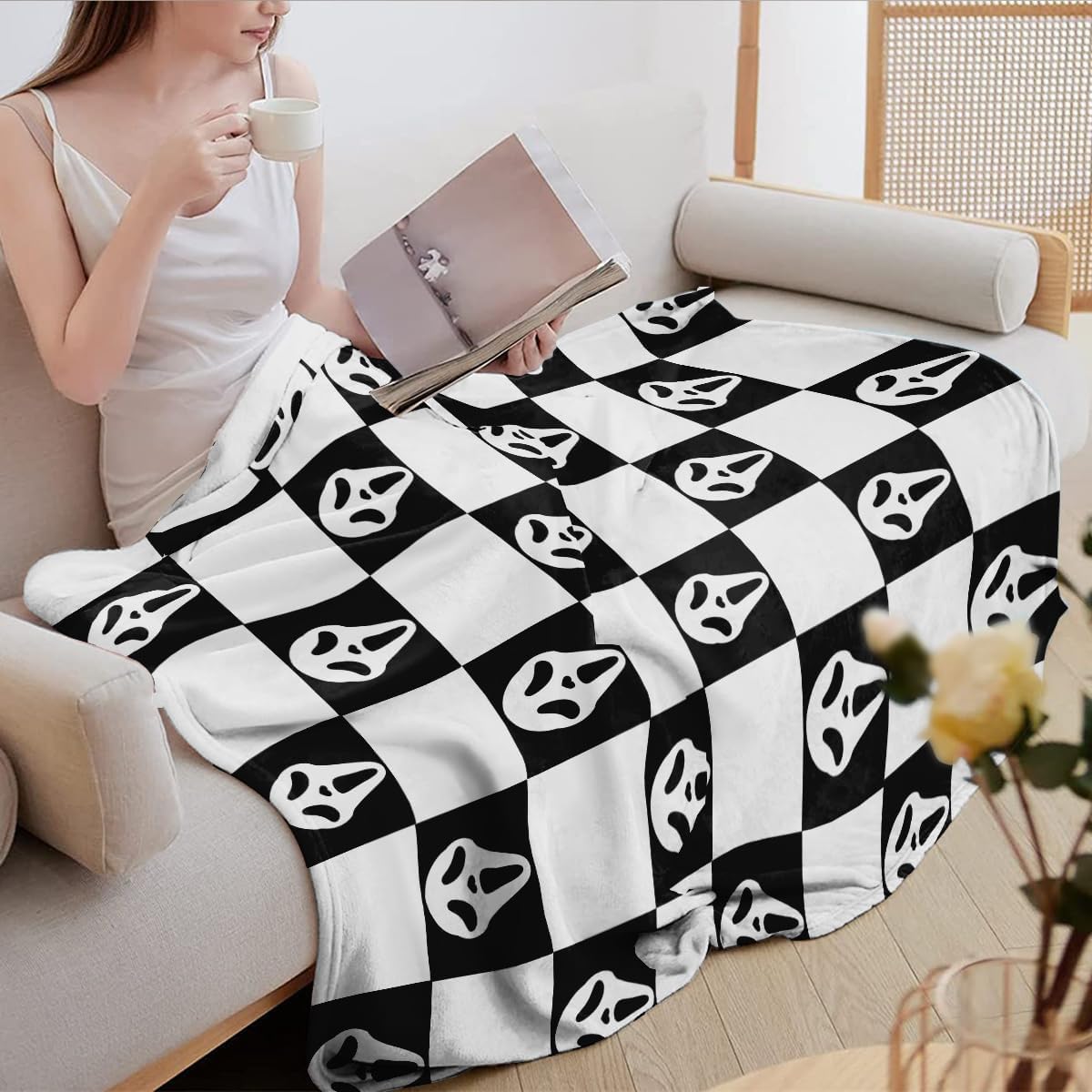 YWZDS Spooky Face Throw Blanket, Black and White Checkered Pattern, Halloween Ghost Blankets Fuzzy Gifts for Sofa Couch Bedroom (60 * 80 inch)