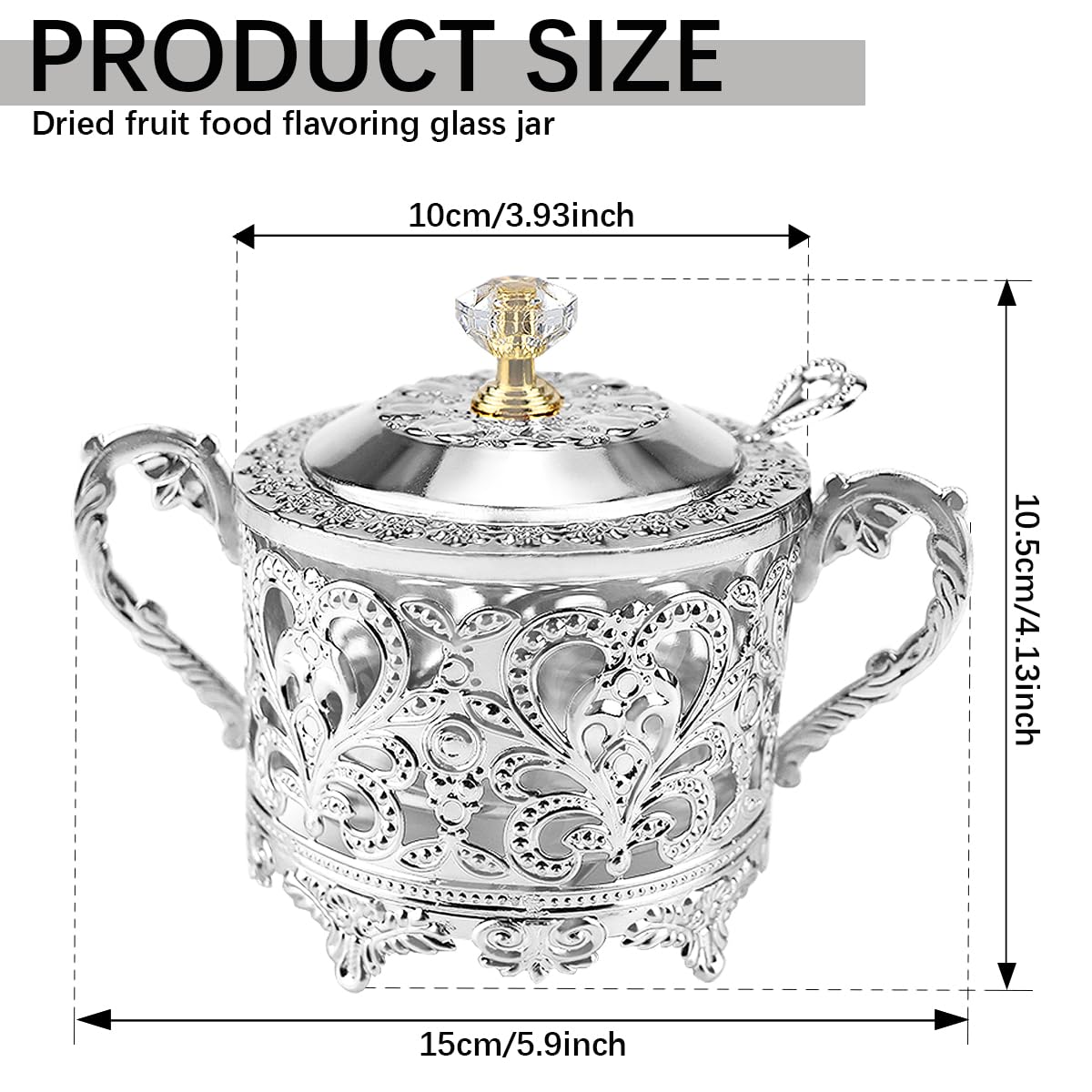 LNQ LUNIQI Glass Sugar Bowl with Lid and Spoon Vintage Kitchen Food Canister Condiment Pot Storage Jar Seasoning Containers for Home Restaurant Kitchen（Silver）