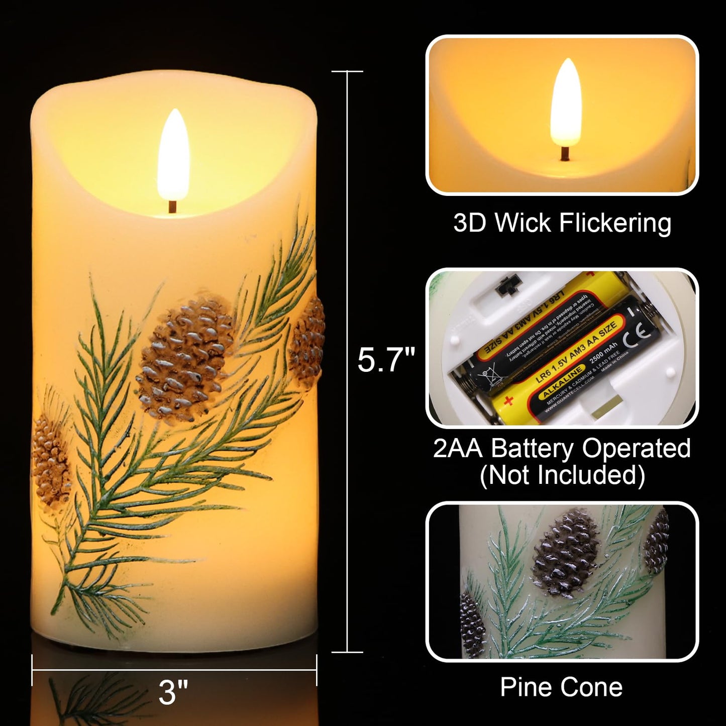Wondise Flameless Candles with Timer, Battery Operated Flickering 3D Wick Real Wax Pine Cone Candles for Christmas Holiday Indoor Decoration, Set of 2, Ivory(D3 x H5.7 Inch)