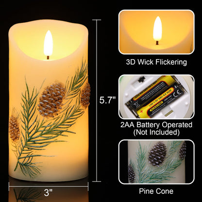 Wondise Flameless Candles with Timer, Battery Operated Flickering 3D Wick Real Wax Pine Cone Candles for Christmas Holiday Indoor Decoration, Set of 2, Ivory(D3 x H5.7 Inch)