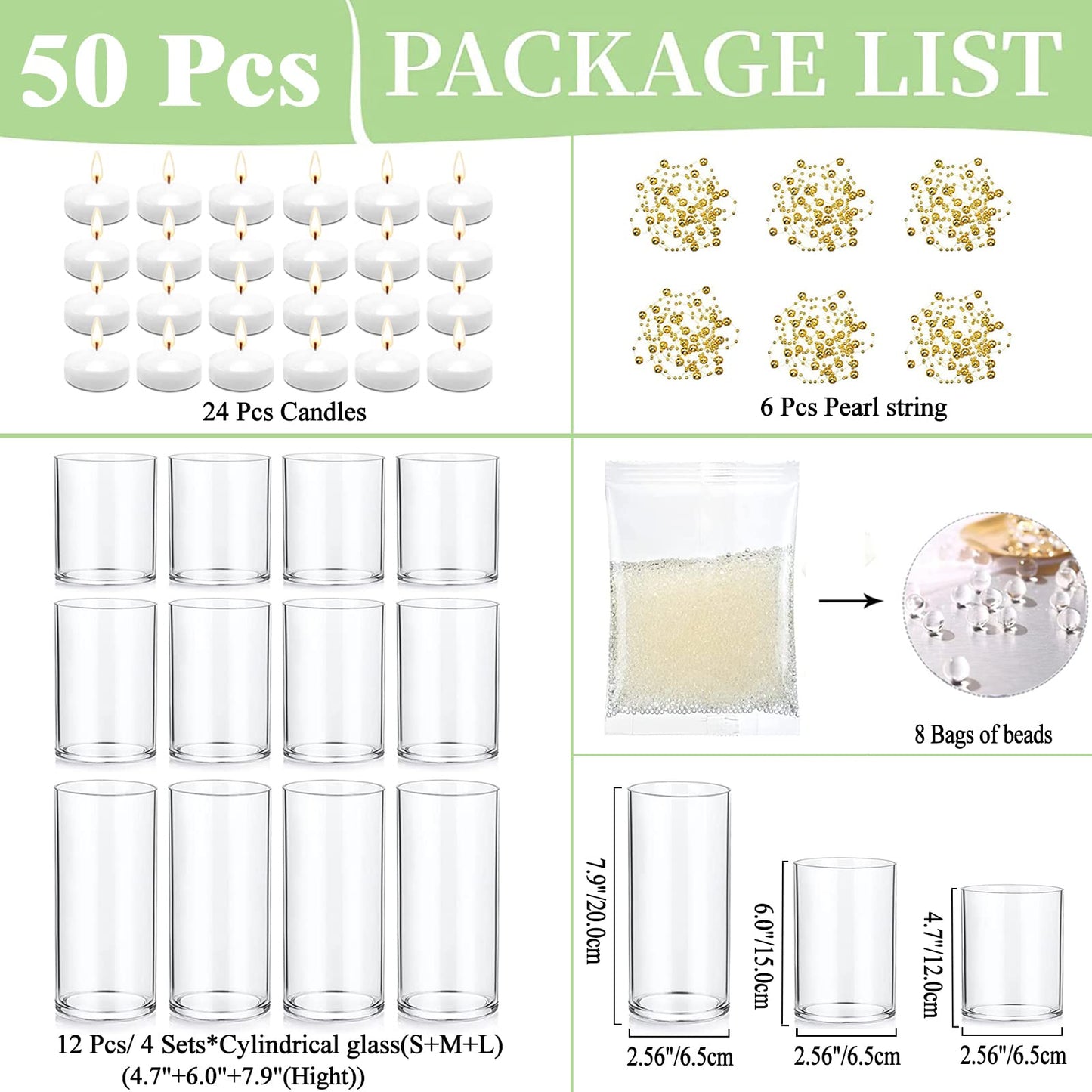UDU 12 Set Glass Vases for Centerpieces with 24 White Floating Candles 80000 Vase Filler 6 Pearl String Party Event Home Wedding Centerpieces for Tables Decorations