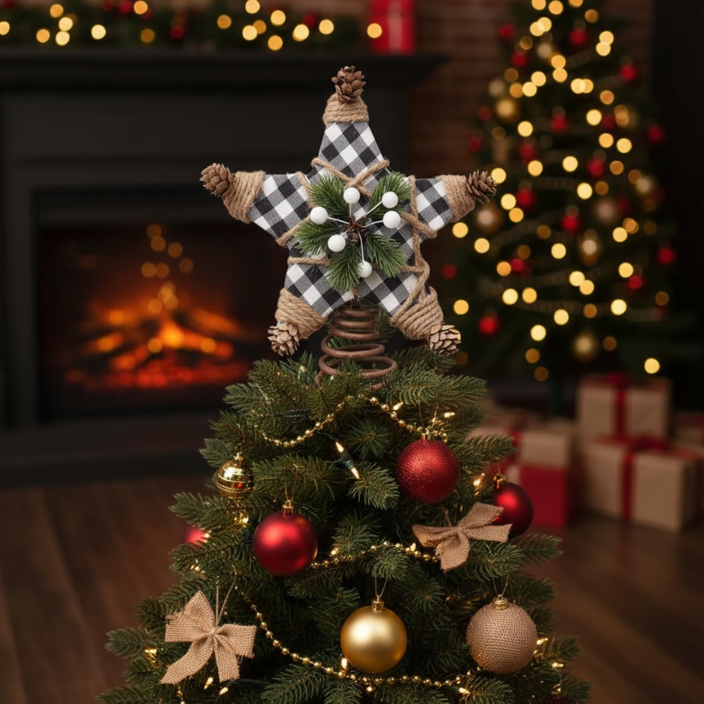 Lenwen Christmas Tree Topper Star 7.9 Inch Buffalo Plaid Star Topper Rustic Christmas Tree Ornaments Decoratione for Home Office Xmas New Year Holiday Decoration