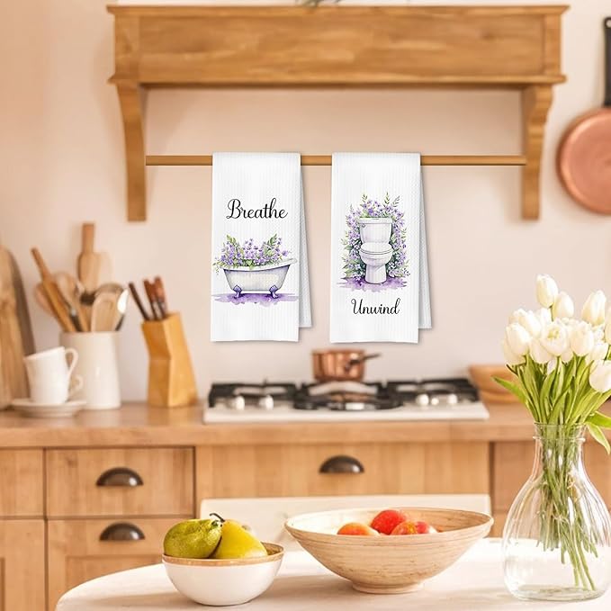 Farmhouse Purple Botanical Bathroom Hand Towels, Relax Breathe Soak Unwind