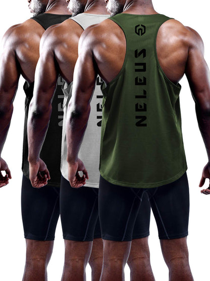 NELEUS Men's 3 Pack Dry Fit Y-Back Muscle Tank Workout Gym Shirt,5031,Black,Grey,Olive Green,L
