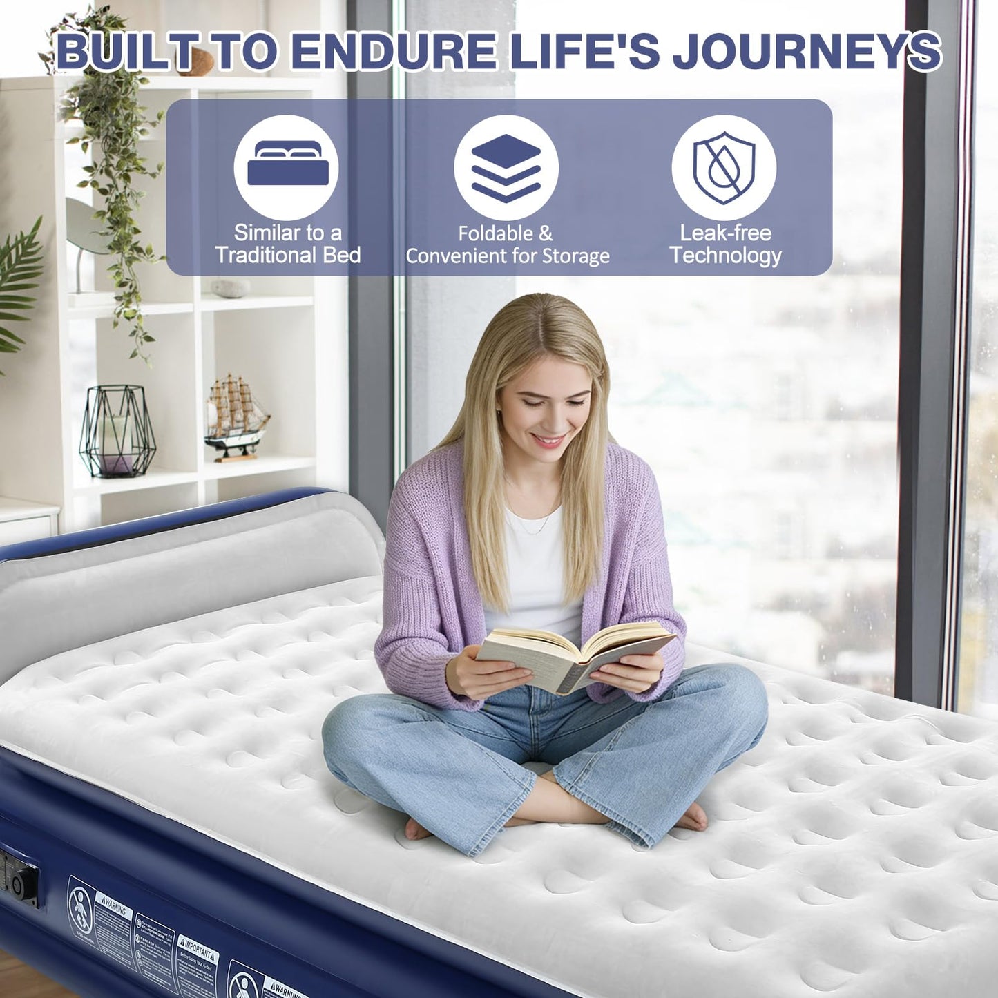 KMZ Twin XL Air Mattress with Built-in Pump, 16” Raised Inflatable Bed for Adults, Portable Blow Up Mattress for Guests, Dorms & Home Use