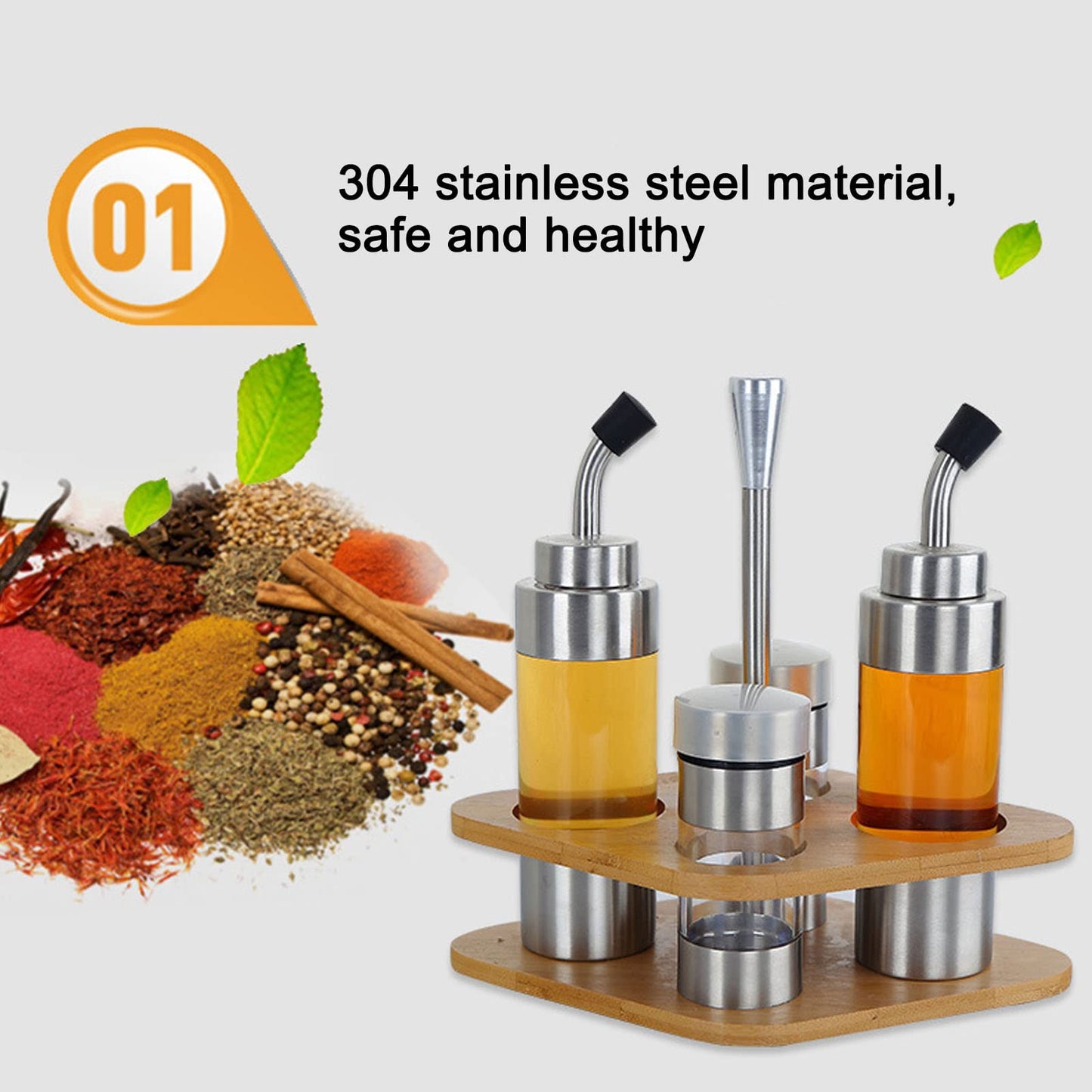 4-Pack Stainless Steel Kitchen Dispenser Set with Wooden Holder - Precision Olive Oil, Vinegar, Salt & Pepper Bottles for Home & Restaurants