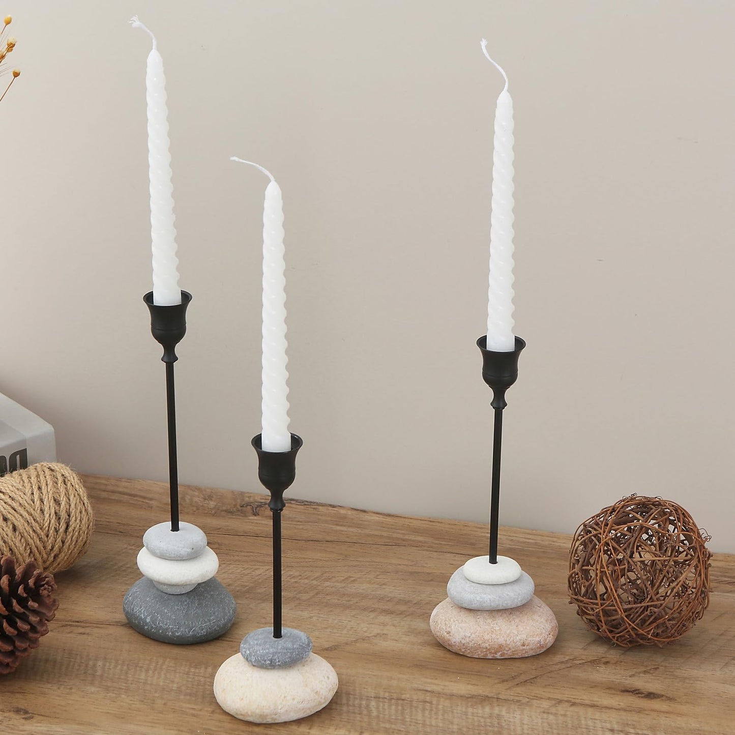 3 Pack Modern Tapered Candlestick Holders with Removable Cup, Handmade Stone Look Candle Holder, Weighted Base Resin Candle Sticks Holder Decor for Dining Table, Mantel & Home