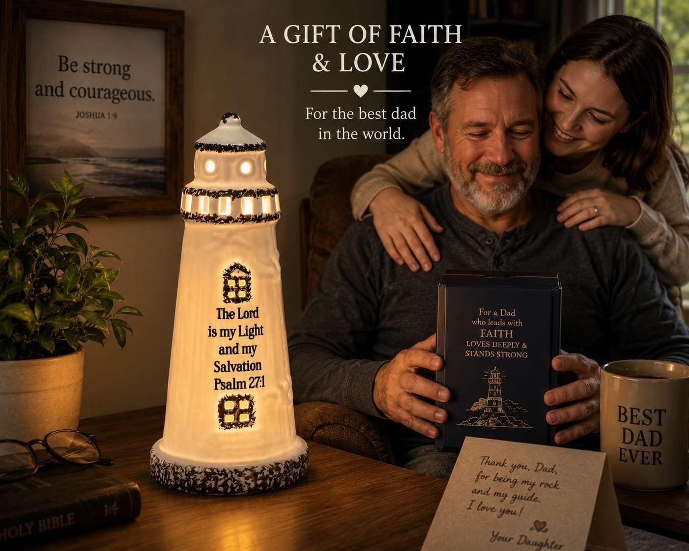 DAILYBREAD Christian Lighthouse Lamp for Men – Psalm 27:1 Scripture LED Lighthouse, Man of God Gift, Christian Gift for Husband, Father, Pastor, Faith-Based Desk Decor 8”H
