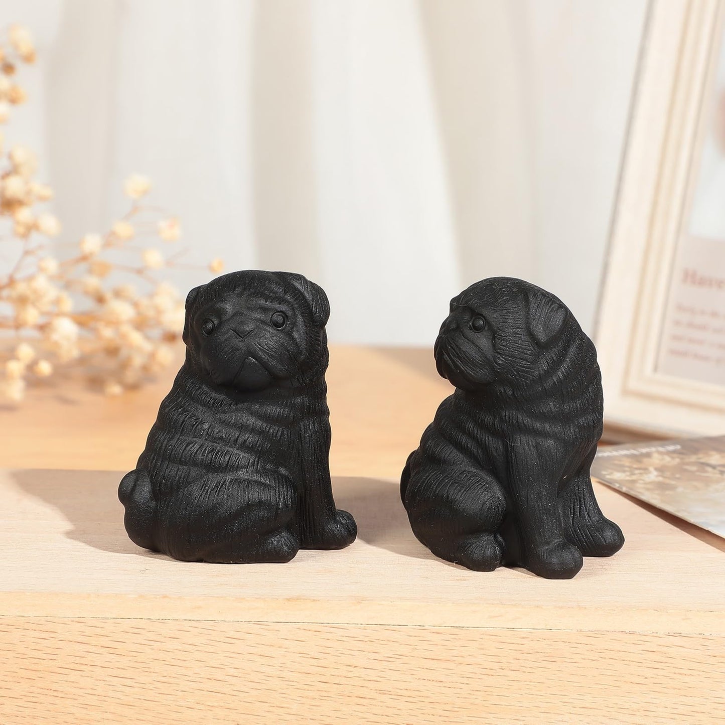 Amogeeli 2.13 Inch Black Obsidian Crystal Pug Figurine, Mini Cute Puppy Statue, Handmade Animal Ornament for Reiki/Meditation/Home Office Decoration