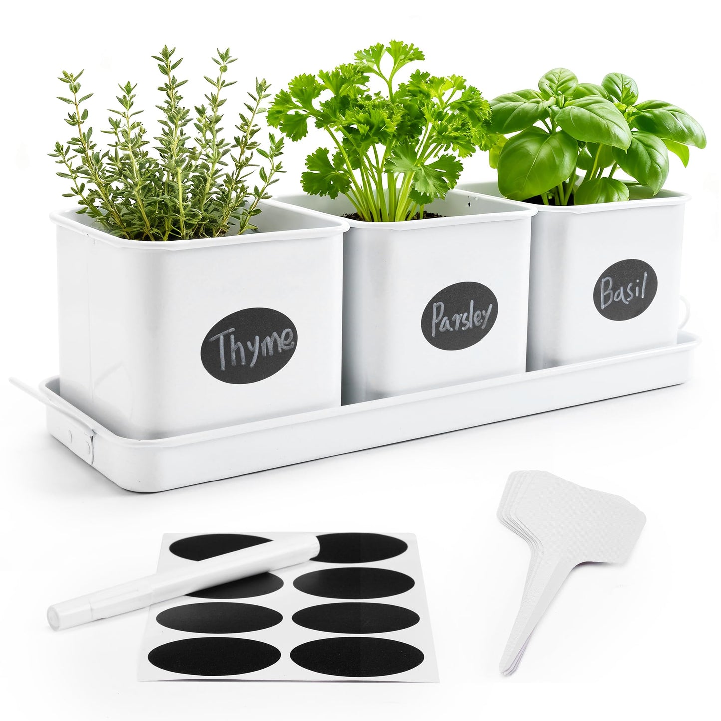 Indoor Herb Garden, Herb Planter Set with Handled Tray, 3 Iron Indoor Plant Pots with Drainage Holes, Windowsill Planter with Customizable Labels, Marker Pen, 10 Plant Labels, Window Pots, White
