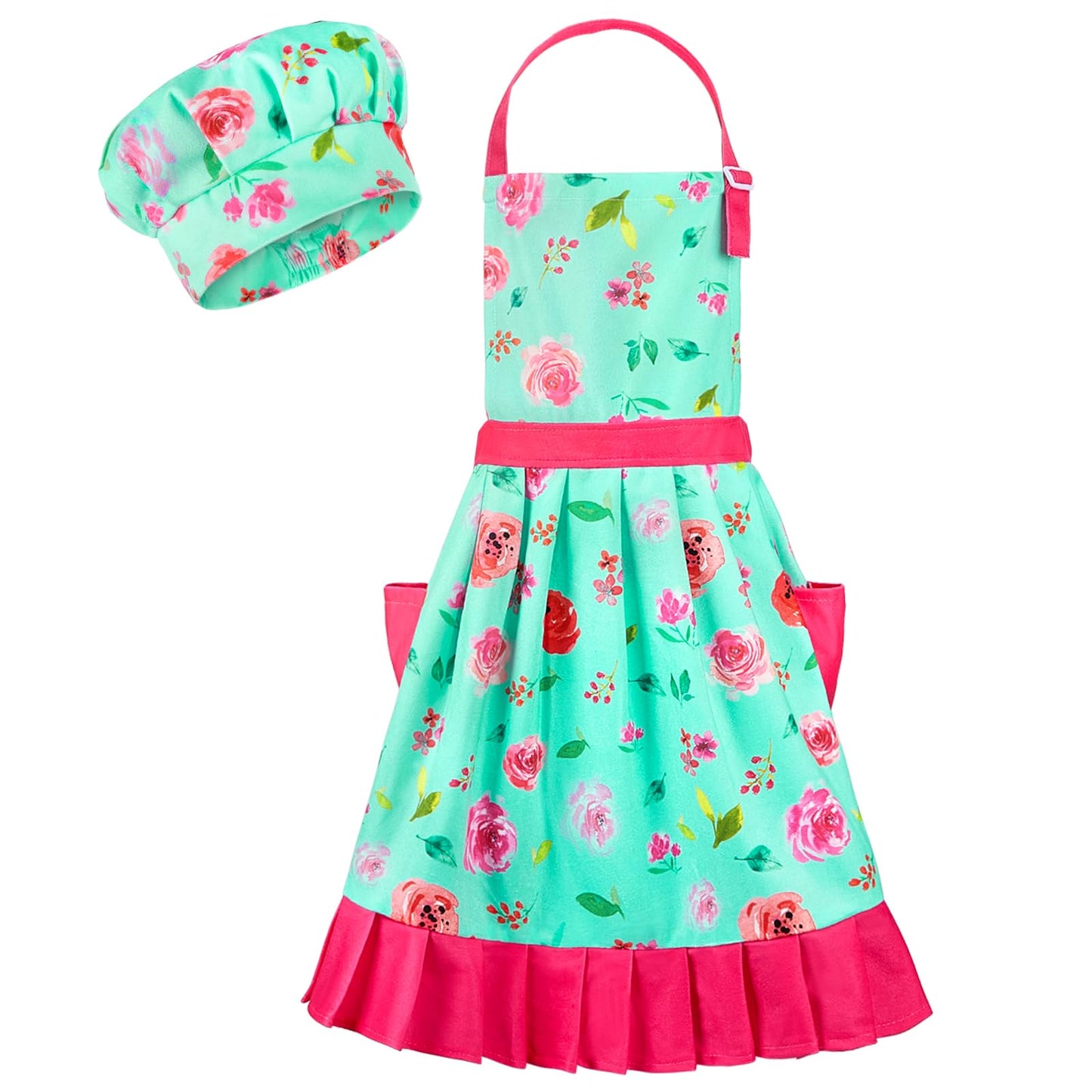 MHJY Kids Apron Hat Set for Girls Vintage Pleated Skirt Aprons with Adjustable Strap Pockets for Baking Cooking 8-12 Years