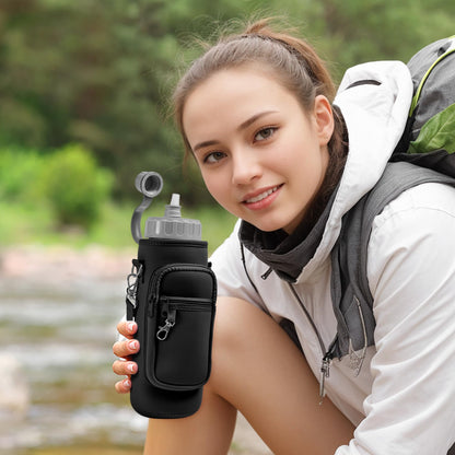 Noxgifix Water Bottle Holder with Strap,Water Bottle Bag,32/40 oz Large Capacity,Adjustable Shoulder Hand Strap,2 Phone Pocket Water Bottle Holder,Water Bottle Accessories for Camping Running Walking