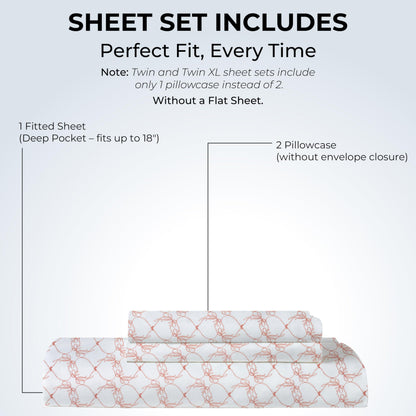 Mayil Manor Queen Size Fitted Sheet with 18" Deep Pockets, No Flat - Percale Weave Natural - Breathable 100% Cotton Printed Bedding, 1 Fitted Sheet + 2 Pillowcases - Pink Bows Print