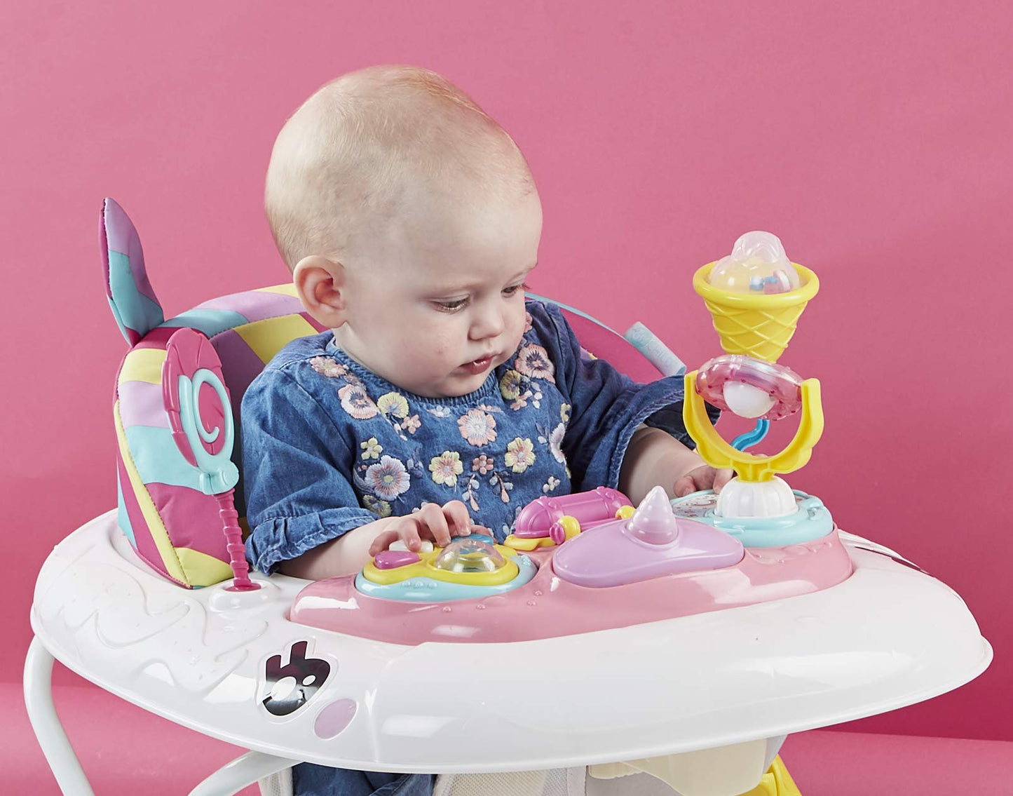 MyChild Unicorn 2-in-1 Walker Rocker, Pink Rainbow - Activity Center Baby Walker - Easy fold Frame for Storage - 6 Months + Anti Fall Blocks for Extra Safety and 3 Height Adjustment.