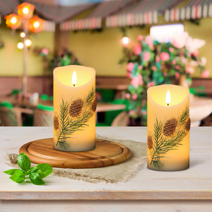 DRomance Pinecone Flameless Flickering Candles Battery Operated with 6H Timer 3D Wick LED Pillar Candles Real Wax Hand-Painted Dinner Holiday Christmas Indoor Decoration(2 Pack, 3" D x 5.7" H)