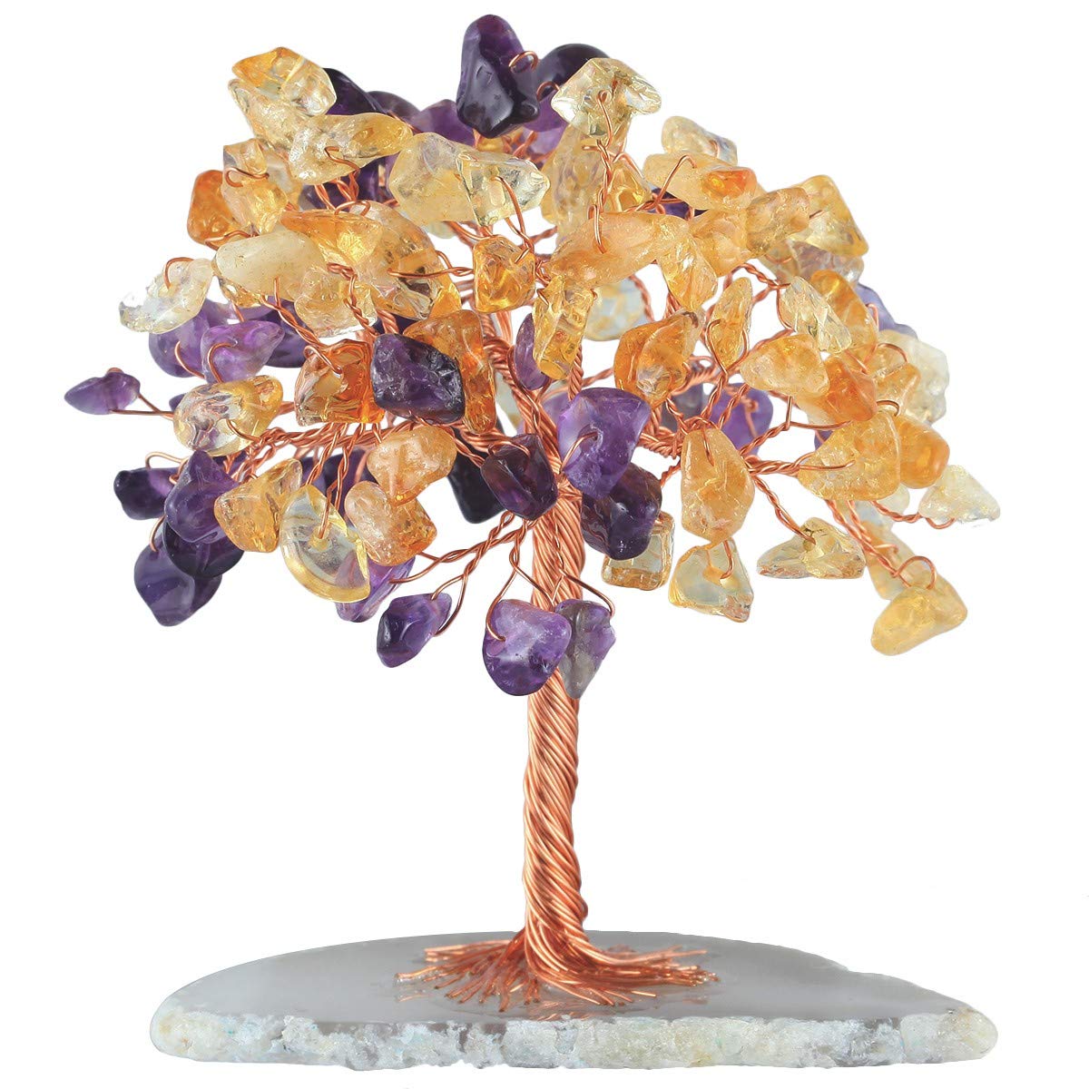 SUNYIK Amethyst/Citrine Mini Crystal Money Tree on Natural Agate Slab, Handmade Tumble Chip Stone Bonsai Sculpture Figurine Decoration for Wealth and Luck Size 2.5-2.3 Inches