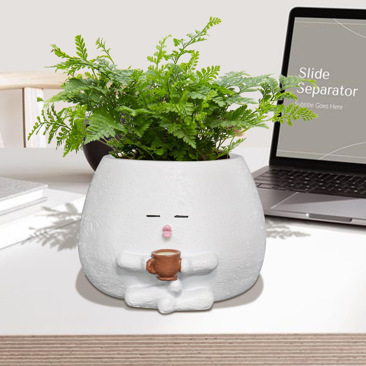 Toparad Smily Face Planter Pot with Coffee Cup Cute Resin Flower Head Planters for Indoor Outdoor Unique Sit Succulent Pots with Drainage Hole Gift IdeaI for Mother Christmas (White)